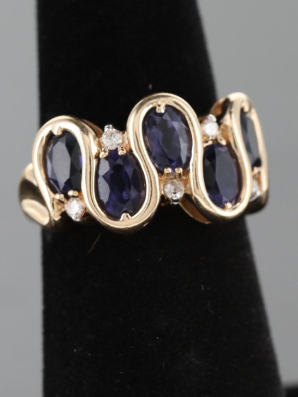 14K JCR gold multi-stone iolite ring small diamond accents wavey setting